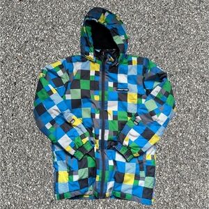 LEGO Wear Tec children's ski jacket in a multi-color block pattern
